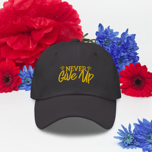 'Never Give Up' Gold Embroidered Dad Hat