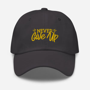 'Never Give Up' Gold Embroidered Dad Hat