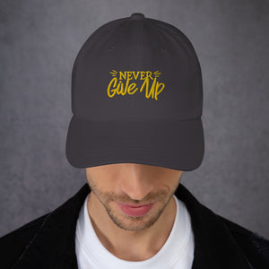 'Never Give Up' Gold Embroidered Dad Hat