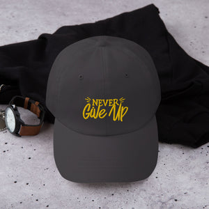 'Never Give Up' Gold Embroidered Dad Hat