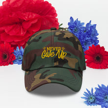 Load image into Gallery viewer, &#39;Never Give Up&#39; Gold Embroidered Dad Hat
