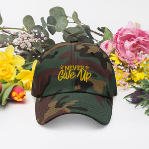 'Never Give Up' Gold Embroidered Dad Hat