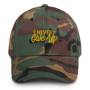 'Never Give Up' Gold Embroidered Dad Hat