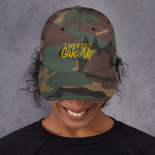 Load image into Gallery viewer, &#39;Never Give Up&#39; Gold Embroidered Dad Hat
