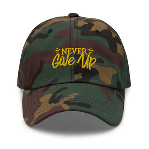 'Never Give Up' Gold Embroidered Dad Hat