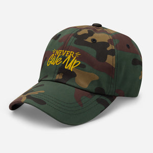 'Never Give Up' Gold Embroidered Dad Hat