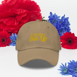 'Never Give Up' Gold Embroidered Dad Hat