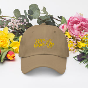 'Never Give Up' Gold Embroidered Dad Hat