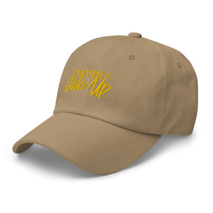 'Never Give Up' Gold Embroidered Dad Hat