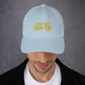 'Never Give Up' Gold Embroidered Dad Hat