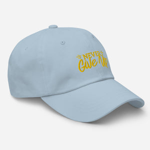 'Never Give Up' Gold Embroidered Dad Hat