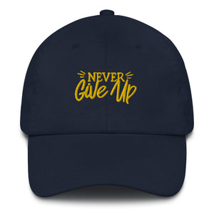 'Never Give Up' Gold Embroidered Dad Hat