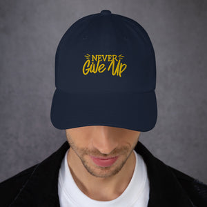 'Never Give Up' Gold Embroidered Dad Hat