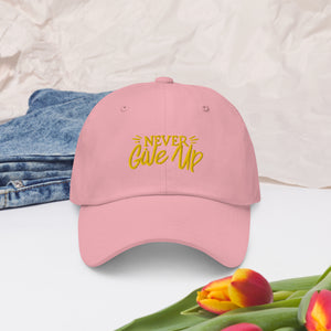 'Never Give Up' Gold Embroidered Dad Hat