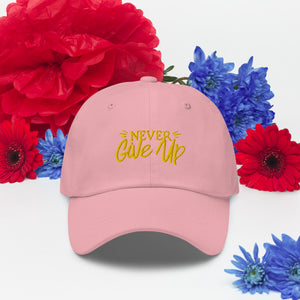 'Never Give Up' Gold Embroidered Dad Hat