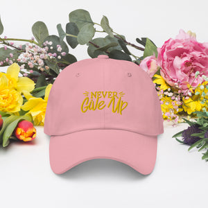 'Never Give Up' Gold Embroidered Dad Hat