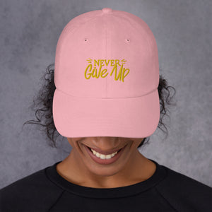 'Never Give Up' Gold Embroidered Dad Hat