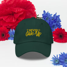 Load image into Gallery viewer, &#39;Never Give Up&#39; Gold Embroidered Dad Hat
