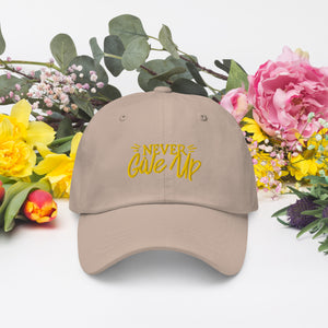 'Never Give Up' Gold Embroidered Dad Hat