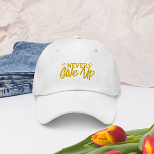 'Never Give Up' Gold Embroidered Dad Hat