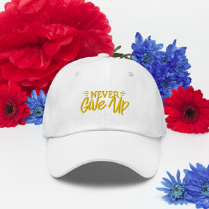 'Never Give Up' Gold Embroidered Dad Hat