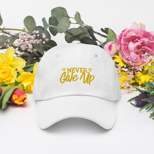 'Never Give Up' Gold Embroidered Dad Hat