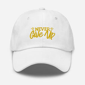 'Never Give Up' Gold Embroidered Dad Hat