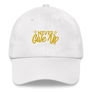 'Never Give Up' Gold Embroidered Dad Hat