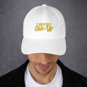 'Never Give Up' Gold Embroidered Dad Hat