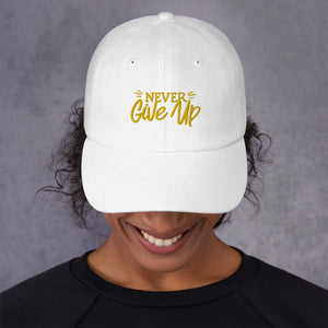 'Never Give Up' Gold Embroidered Dad Hat