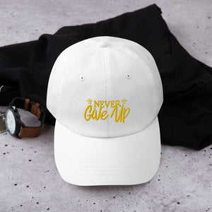 'Never Give Up' Gold Embroidered Dad Hat