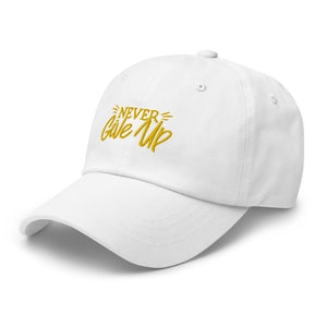 'Never Give Up' Gold Embroidered Dad Hat