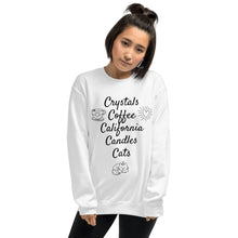 Load image into Gallery viewer, &#39;Crystals, Coffee, California, Candles, Cats&#39; Unisex Sweatshirt
