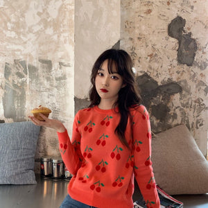 Women's Long Sleeved Cherry Sweater