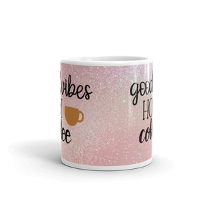 'Good Vibes & Hot Coffee - Rose Gold Pink Glitter Sparkle Print' Mug