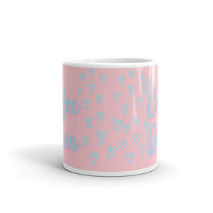 'Coffee Queen With Light Blue Hearts & Crown' Light Pink Mug