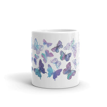 Load image into Gallery viewer, ‘Butterfly Kisses’ Purple &amp; Blue Butterflies White Glossy Mug
