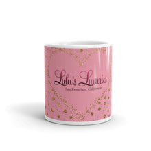 Load image into Gallery viewer, ‘Lulu’s Luxuries Logo Pink Rose Gold Heart’ Gold Sparkle Glitter Print Glossy Mug
