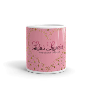 ‘Lulu’s Luxuries Logo Pink Rose Gold Heart’ Gold Sparkle Glitter Print Glossy Mug