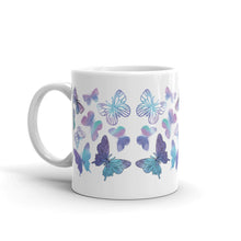 Load image into Gallery viewer, ‘Butterfly Kisses’ Purple &amp; Blue Butterflies White Glossy Mug
