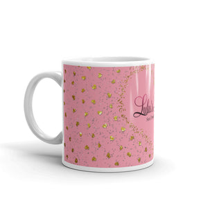 ‘Lulu’s Luxuries Logo Pink Rose Gold Heart’ Gold Sparkle Glitter Print Glossy Mug