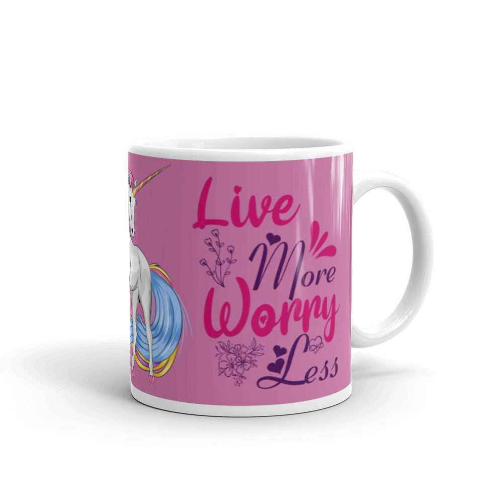 'Live More Worry Less Unicorn Pink' Mug