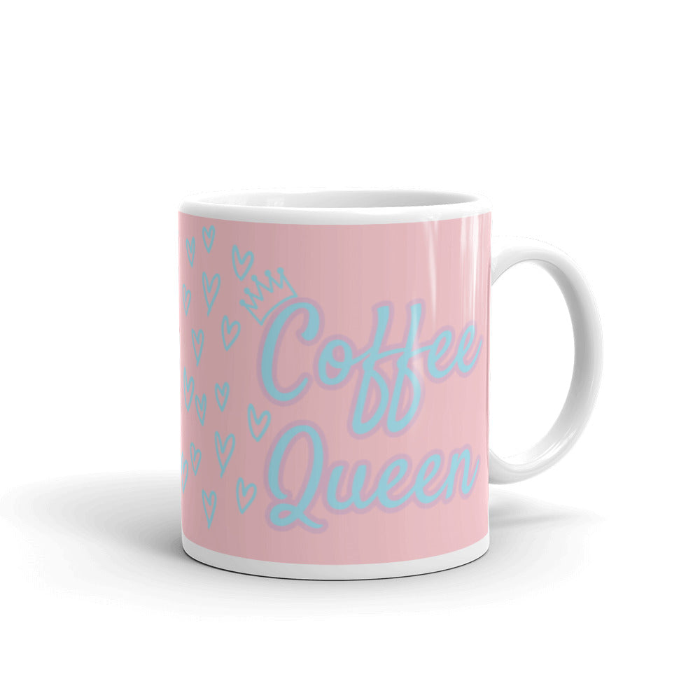 'Coffee Queen With Light Blue Hearts & Crown' Light Pink Mug