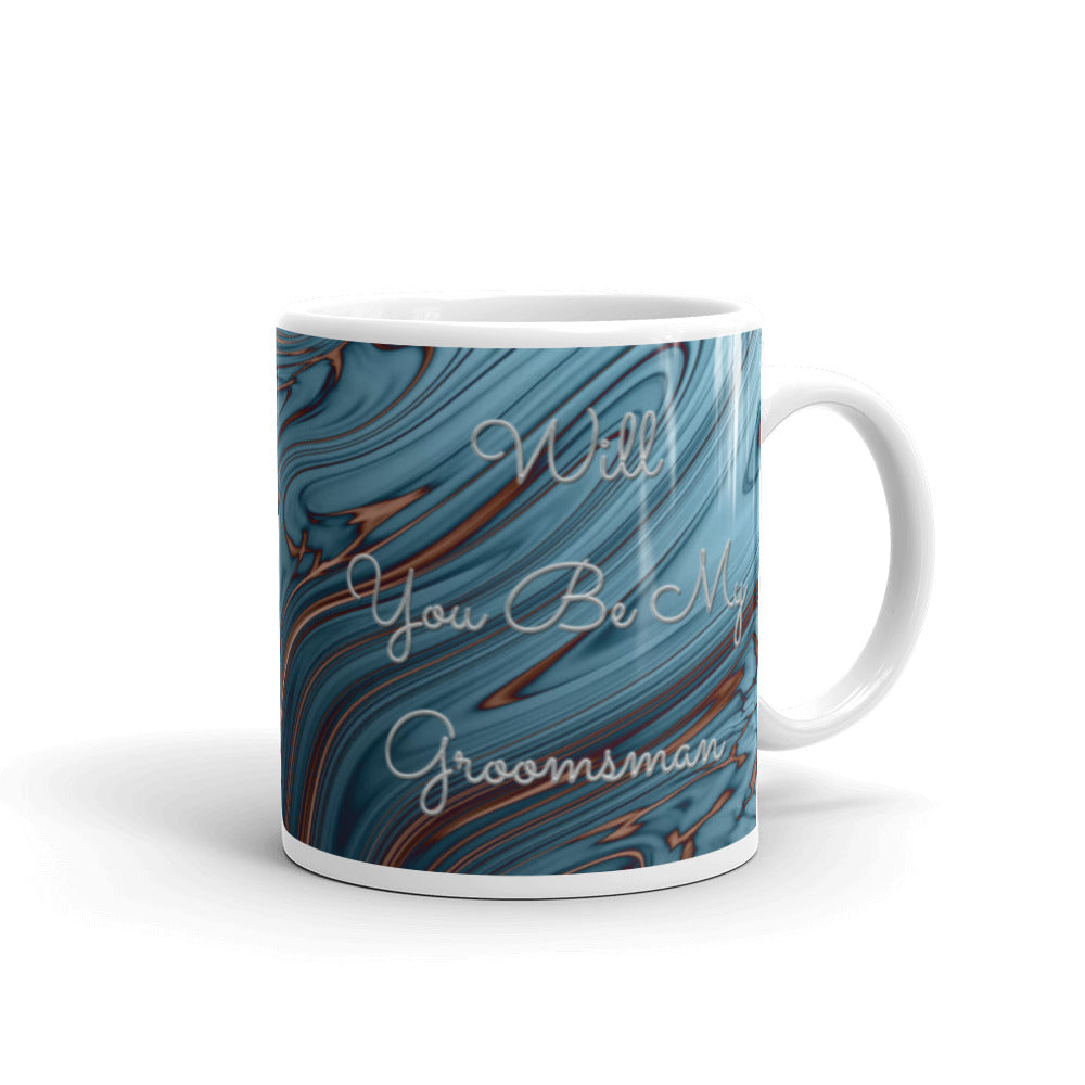 'Will You Be My Groomsman?' Blue & Gold Swirl Glossy Mug