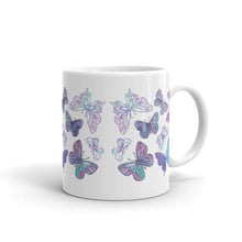 Load image into Gallery viewer, ‘Butterfly Kisses’ Purple &amp; Blue Butterflies White Glossy Mug
