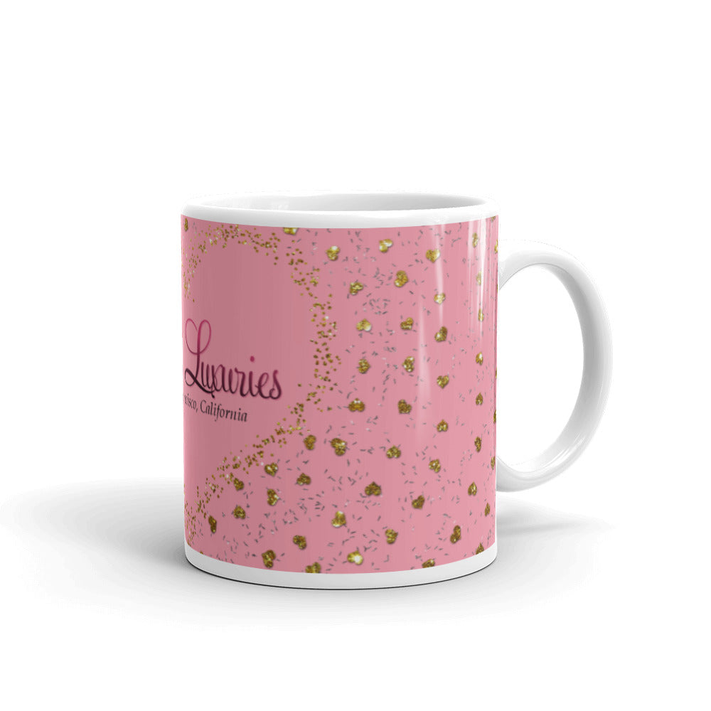 ‘Lulu’s Luxuries Logo Pink Rose Gold Heart’ Gold Sparkle Glitter Print Glossy Mug